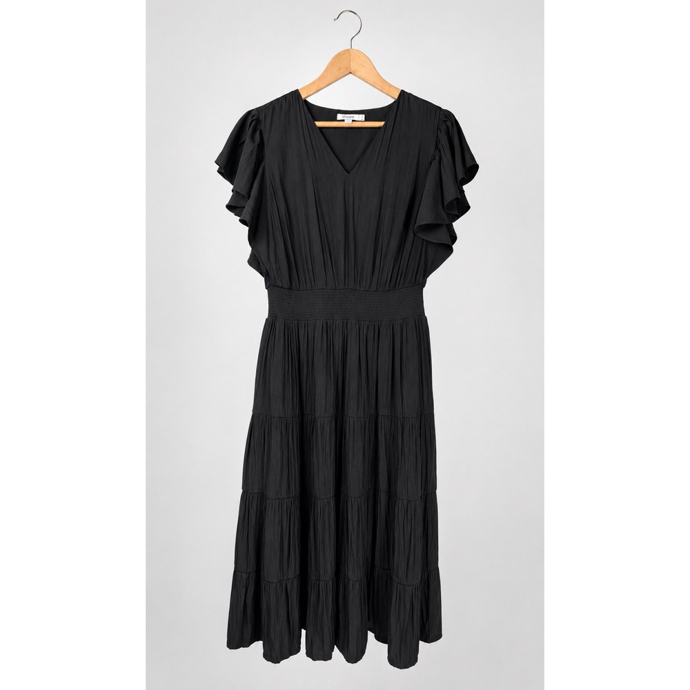 Chico's Flutter Sleeve Smocked Waist Tiered Midi Maxi Dress Black Large 2P/12P